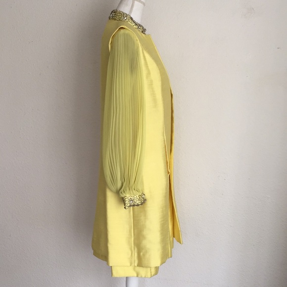 Vintage 1960s Mod Beaded Raw Silk Dress + Vest Duster Pleated Sleeves - Picture 3 of 14